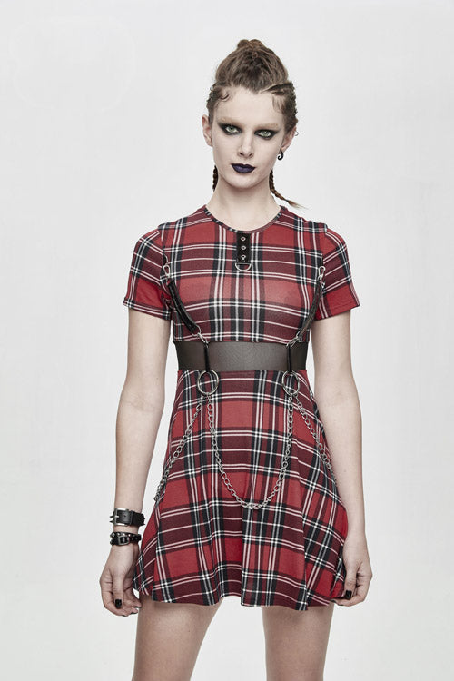 Red Plaid Mesh Stretchy Mid Length Scottish With Chains Gothic Womens Dress - Product - 4