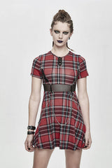 Red Plaid Mesh Stretchy Mid Length Scottish With Chains Gothic Womens Dress - Product - 4