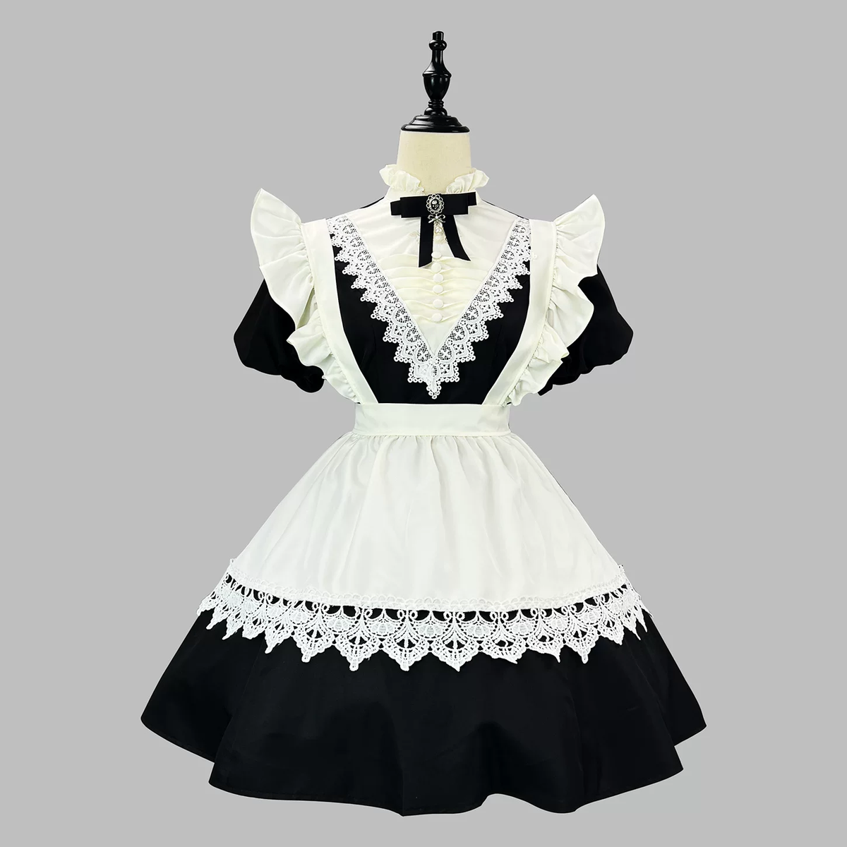 Black and White Plaid Ruffled Maid Lolita Dress with Apron Bow Accent - view 11