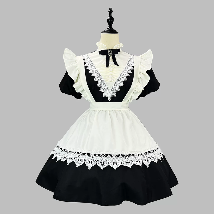 Black and White Plaid Ruffled Maid Lolita Dress with Apron Bow Accent - view 11