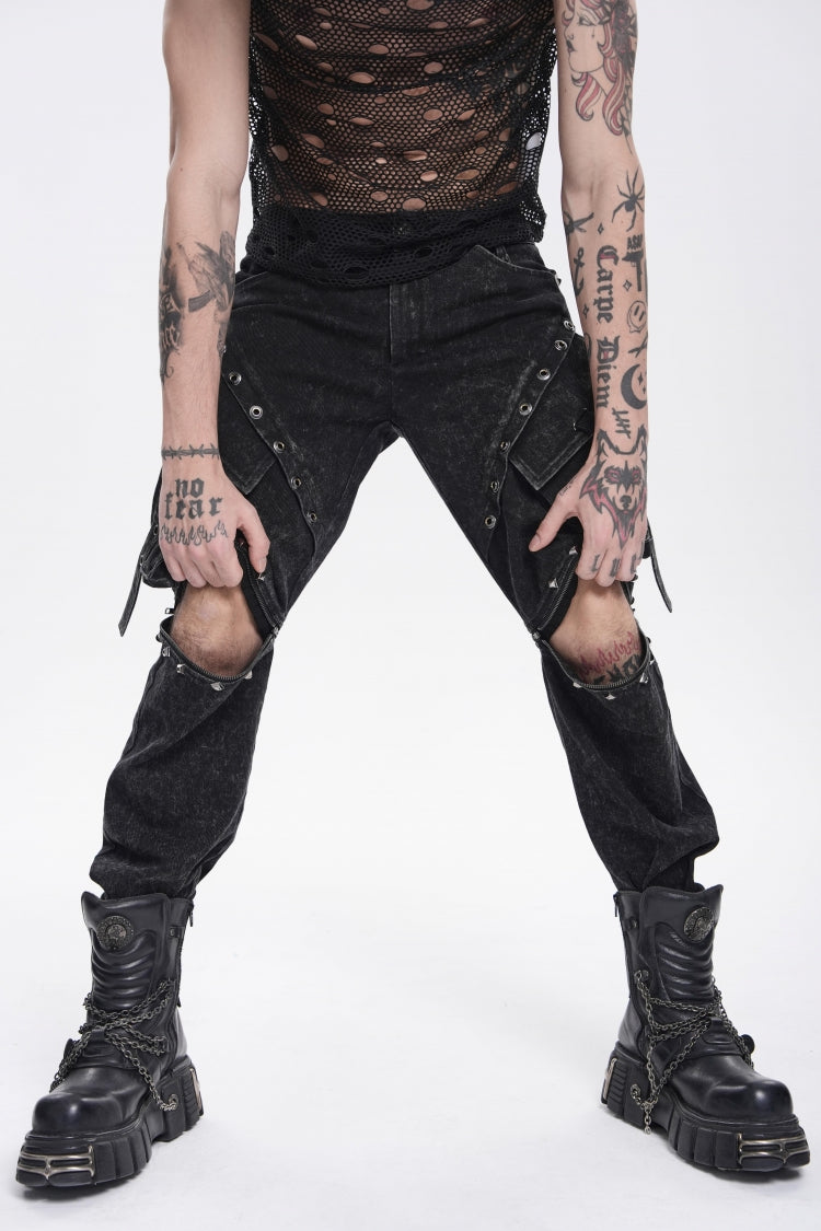 Black Spliced Detachable Studded Eyelet Men's Punk Cool Pants With Big Pockets - Product - 8