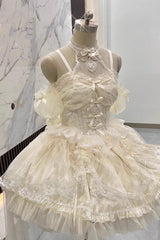 Ivory Ballet Dream Halterneck Ruffle Bowknot Lace Mesh Sweet Lolita Dress - Ivory - 1