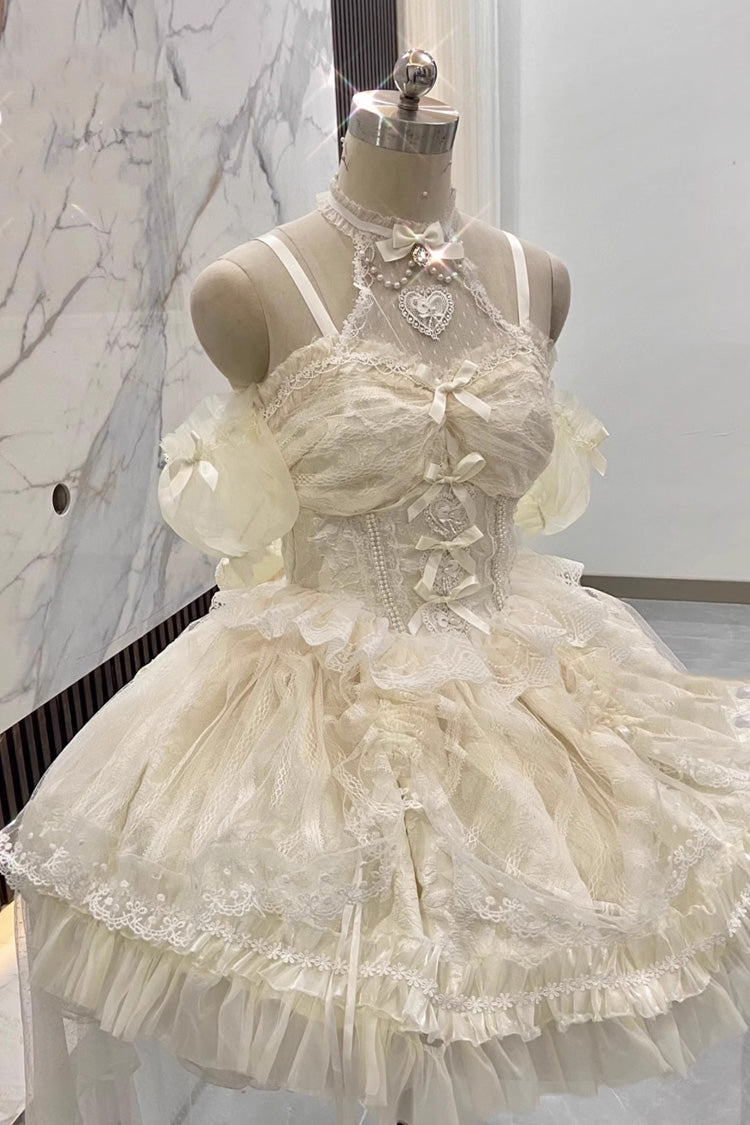 Ivory Ballet Dream Halterneck Ruffle Bowknot Lace Mesh Sweet Lolita Dress - Ivory - 1
