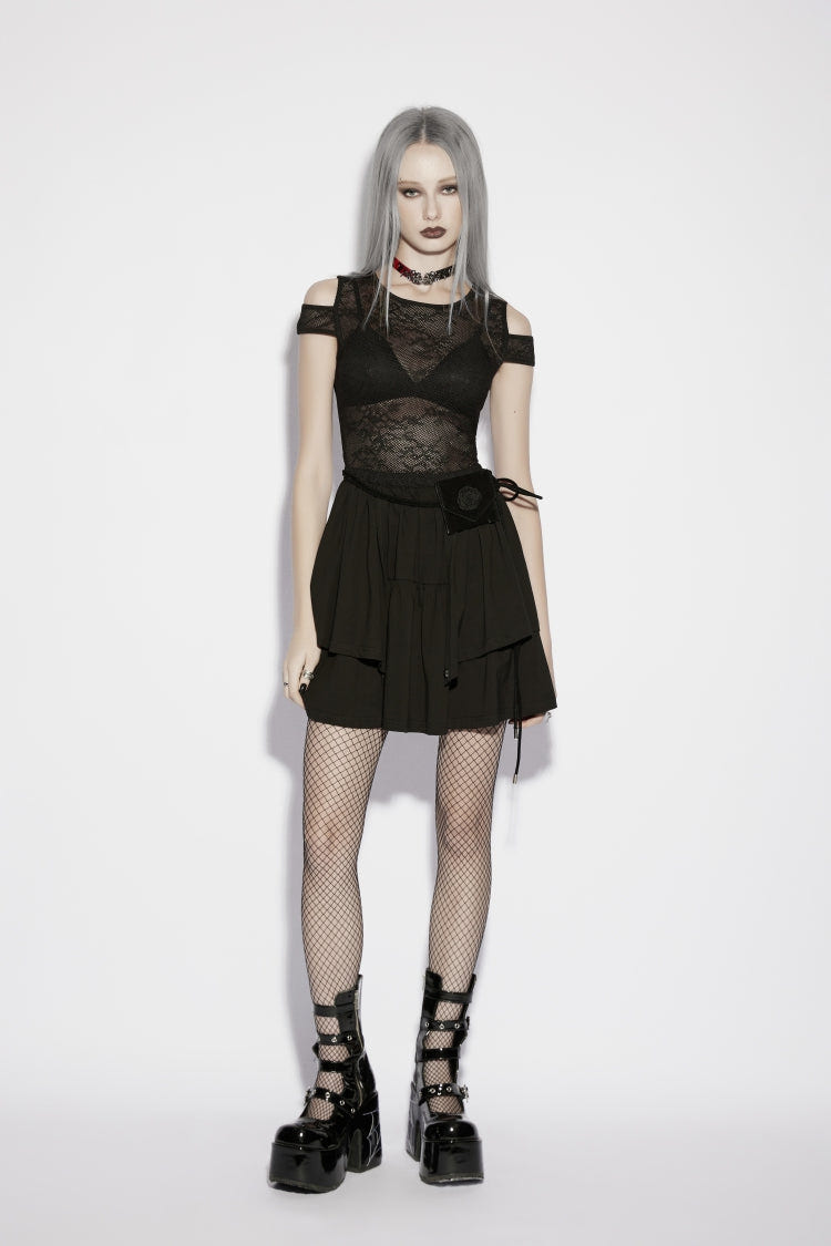 Black Off Shoulder Multi-Layered Cut-Out Spliced Slim Mesh Eyelet Women's Gothic Dress Graduation Dress - Black - 1