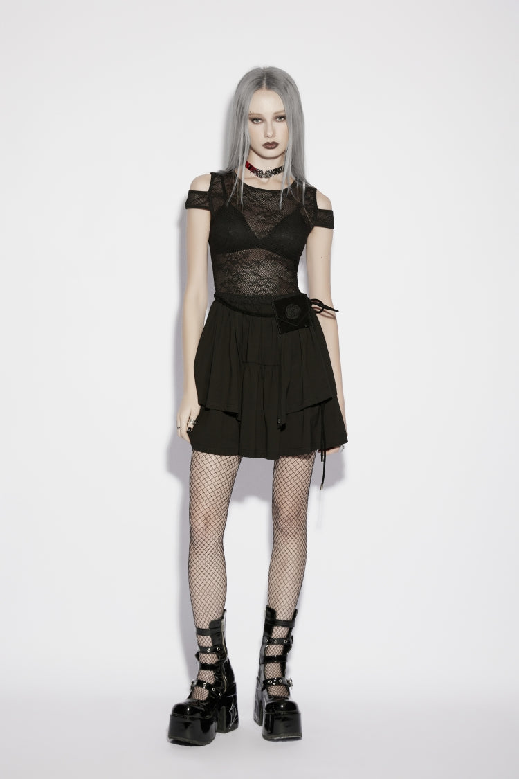 Black Off Shoulder Multi-Layered Cut-Out Spliced Slim Mesh Eyelet Women's Gothic Dress Graduation Dress - Black - 1