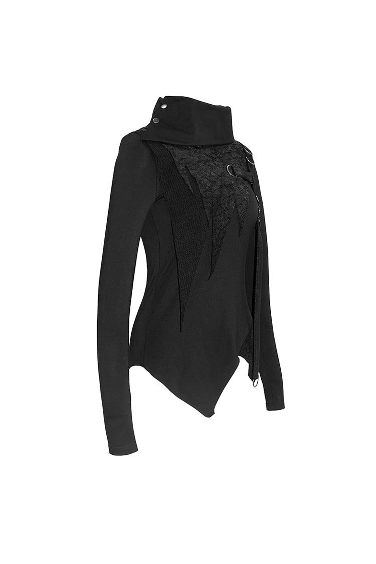 Black Worn Out Cross Shaped Hasp Long Sleeve High Collar Asymmetric Hem Women's Punk T-Shirt - Product - 8