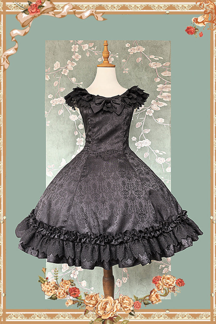 Black [Floral Canon] Round Collar Sleeveless Jacquard Printed Ruffled Bow Gothic Lolita Jsk Dress - Product - 3