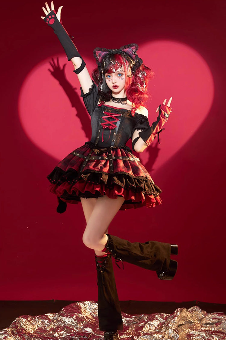 Black/Red Print Ruffle Lace-Up Gothic Japanese Princess Lolita JSK Dress - Product - 3