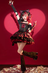 Black/Red Print Ruffle Lace-Up Gothic Japanese Princess Lolita JSK Dress - Product - 3