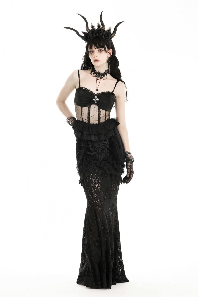 Black Spaghetti Straps Sheer Double-Layered Ruffled Lace Women's Gothic Top - Product - 7