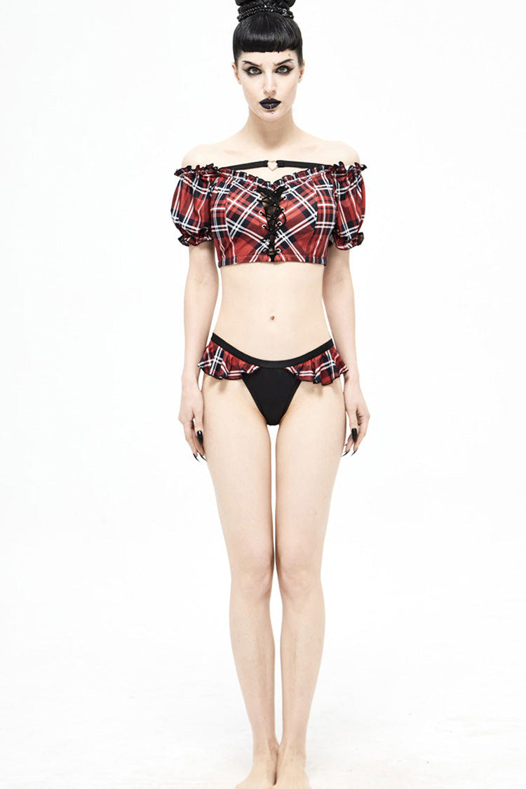 Black/Red Plaid Frilly Women's Punk Swim Shorts - Product - 4
