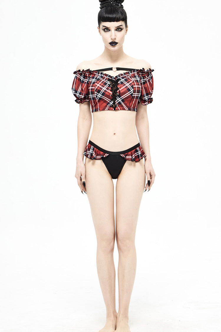 Black/Red Plaid Frilly Women's Punk Swim Shorts - Product - 4