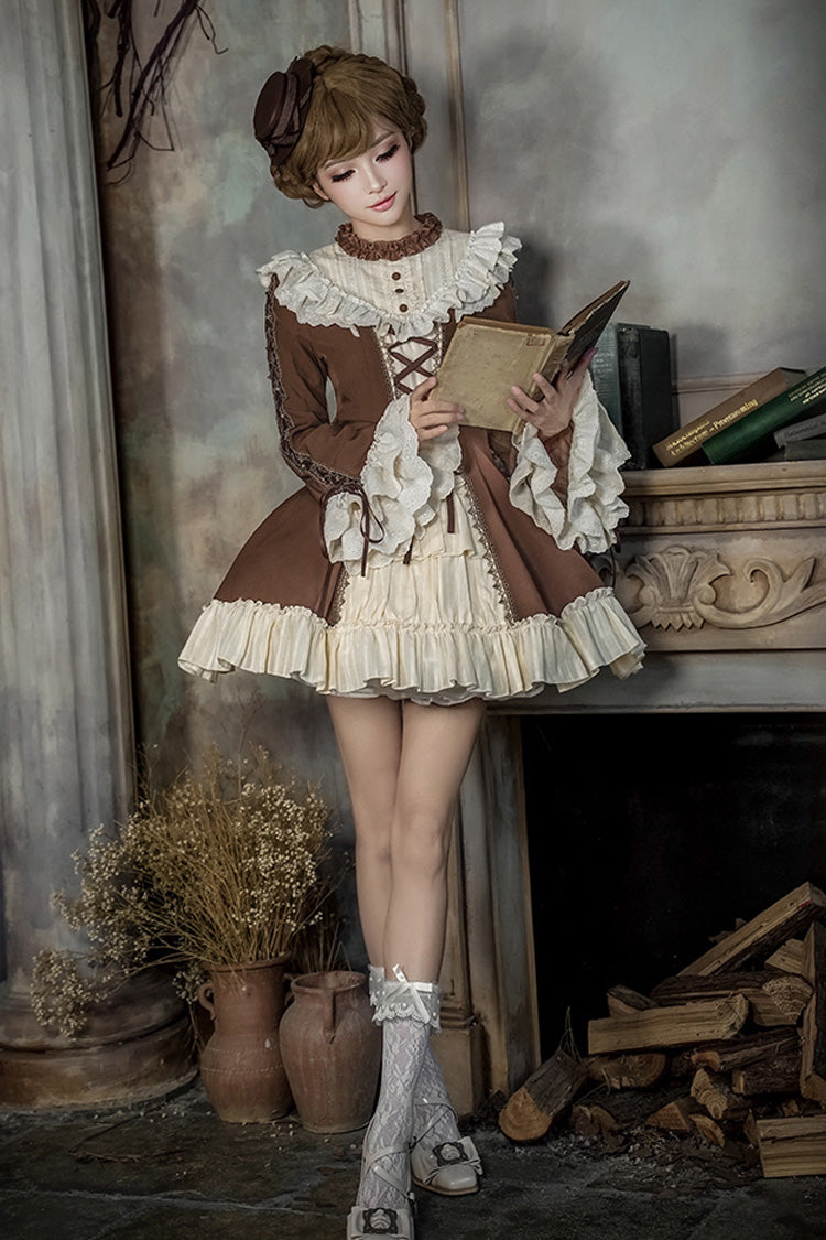 Brown/Beige [Nutcracker] Stand Collar Long Trumpet Sleeves Ruffle Cardigan Bowknot Lace-Up Sweet Lolita Dress Set 2 Versions - Product - 20
