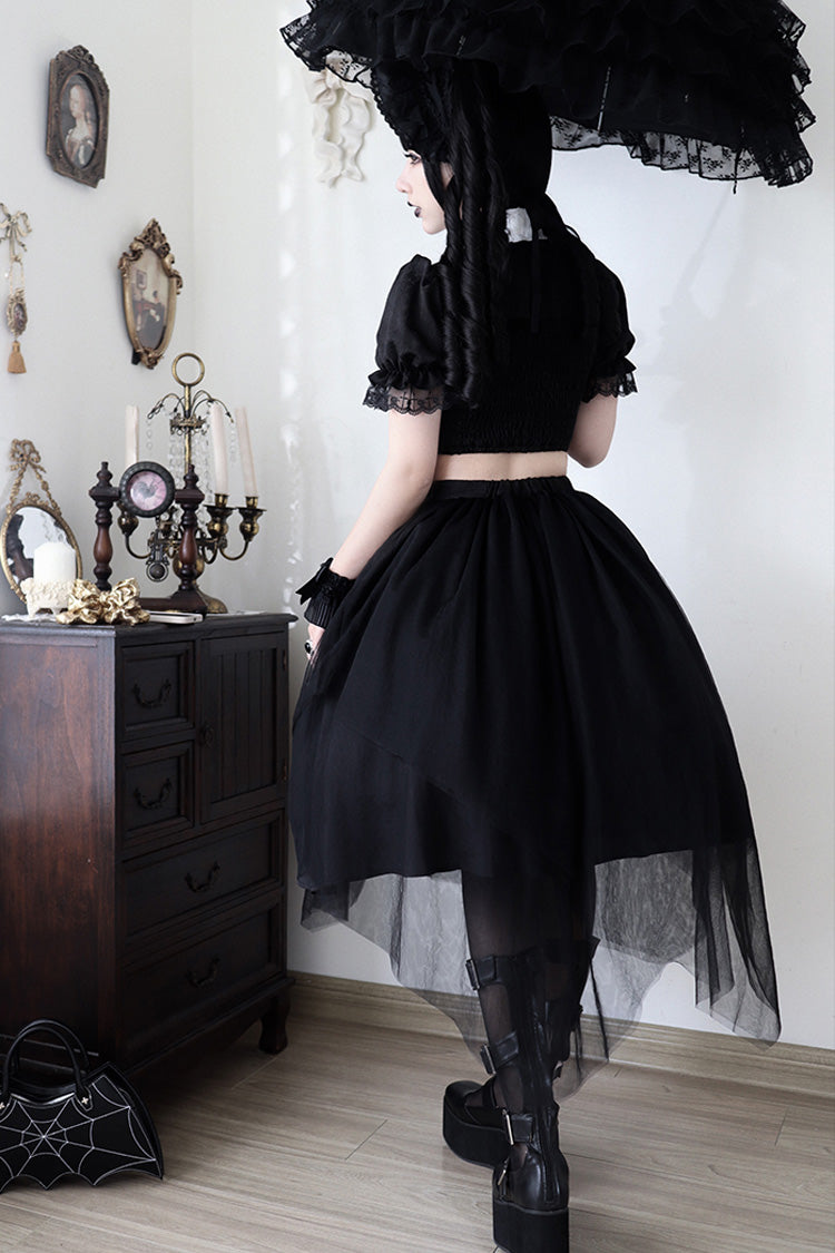 Black Rose Embroidered Cutout Top Irregular Short Sleeves Gothic Lolita Dress Set - Product - 9