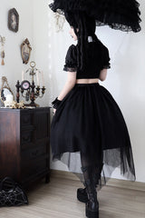 Black Rose Embroidered Cutout Top Irregular Short Sleeves Gothic Lolita Dress Set - Product - 9