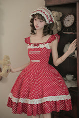 Red [Showa Memoir] Polka Dots Printed Ruffled Bow Sweet Lolita Dress - Product - 12