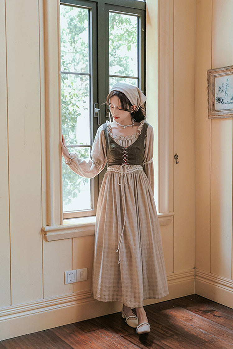 Khaki French Style Round Collar Long Sleeves Printed Classic Vintage Lolita Dress - Product - 12