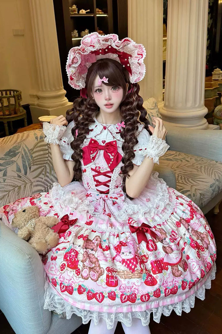 Red/Pink [Sweet Berry Bunny Bear] Printed Bow Lace Lace-Up Sweet Lolita Jsk Dress - Product - 3