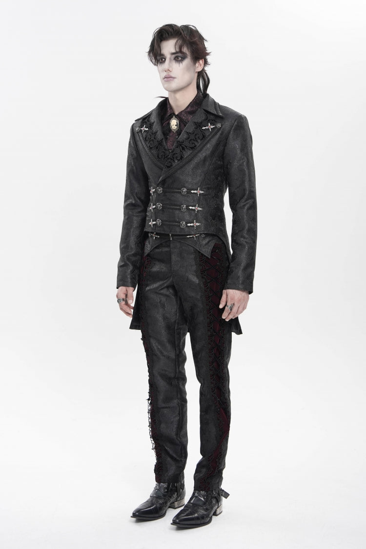 Black Lapel Collar Long Sleeves Lace-Up Slim Men's Gothic Handsome Double-Breasted Jacket - Product - 3