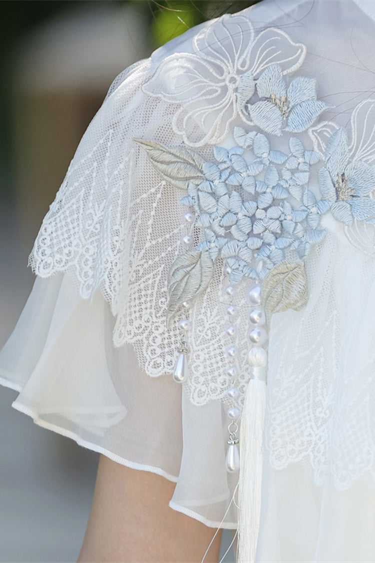 White [Hydrangea Message] Short Sleeves Print Ruffle Lace Sweet Chinese Style Elegant Lolita Dress - Product - 14
