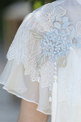 White [Hydrangea Message] Short Sleeves Print Ruffle Lace Sweet Chinese Style Elegant Lolita Dress - Product - 14