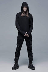 Black Knit Outer Mesh Long Sleeve Inner Hooded Simple Two Piece Men's Punk T-Shirt - Product - 4