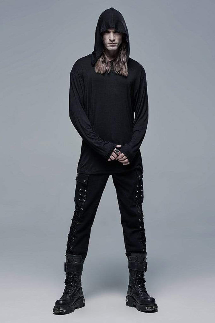 Black Knit Outer Mesh Long Sleeve Inner Hooded Simple Two Piece Men's Punk T-Shirt - Product - 4