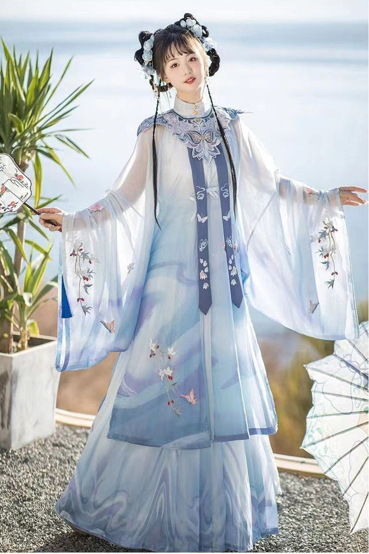 Blue Long Sleeves High Waisted Embroidery Women's Classic Chinese Style Hanfu Dress Full Set - Product - 2
