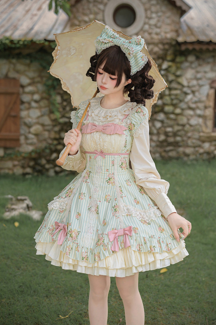 Green [An Encounter with Austin] Square Collar Short Sleeves Multi-Layered Rose Printed Ruffled Bow Lace Sweet Lolita Dress 2 Versions - Product - 16
