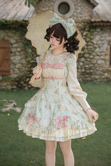 Green [An Encounter with Austin] Square Collar Short Sleeves Multi-Layered Rose Printed Ruffled Bow Lace Sweet Lolita Dress 2 Versions - Product - 16