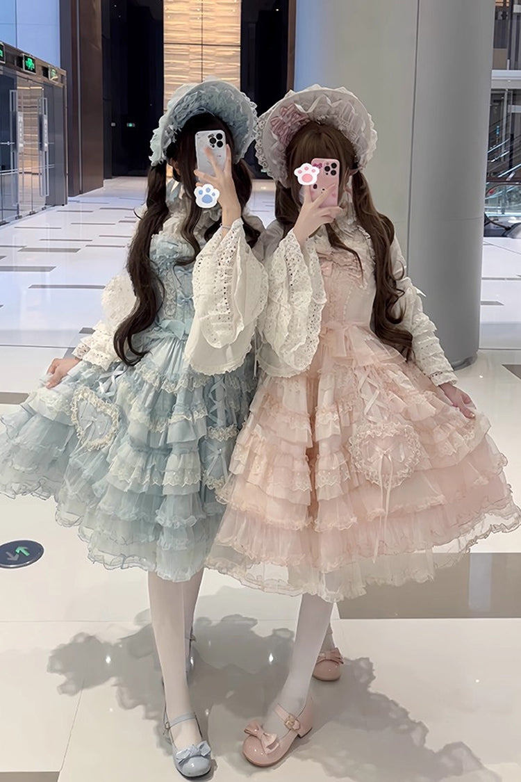 Blue [Sweetheart Diary] Multi-Layered Ruffle Hanayome Embroidery Bowknot Lace Sweet Lolita Jsk Dress - Product - 2