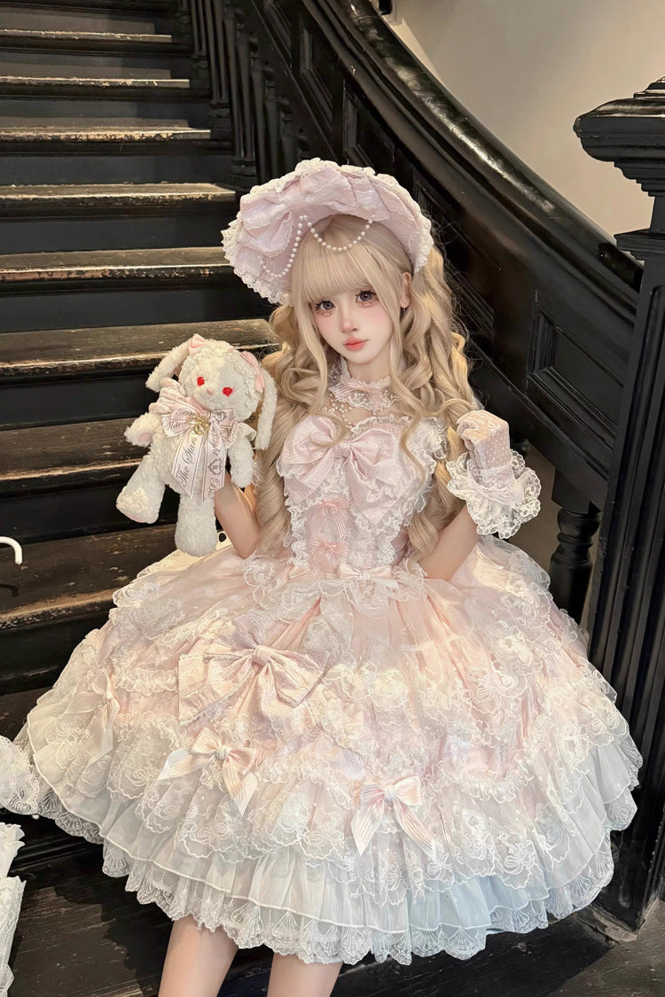 Pink [Sakura Dream Romance] Sleeveless Multi-Layered Ruffled Hanayome Bow Lace Sweet Princess Lolita Jsk Dress - Product - 8