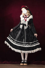 Black [Rose Choir] Double-Layered Ruffle Embroidery Bowknot Lace Gothic Elegant Nun Lolita Dress - Product - 5