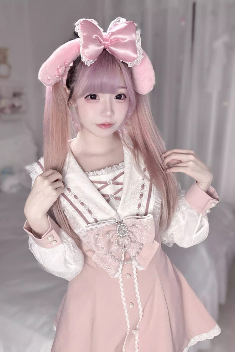 Sweet Long Sleeves Print Bowknot Jirai Kei Japanese Dress Set 3 Colors - Product - 6