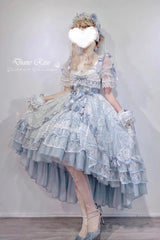 Blue [Diane Rose] Short Sleeves Multi-Layered Jacquard Ruffle Hanayome Cardigan Bowknot Lace Sweet Lolita Dress - Product - 8