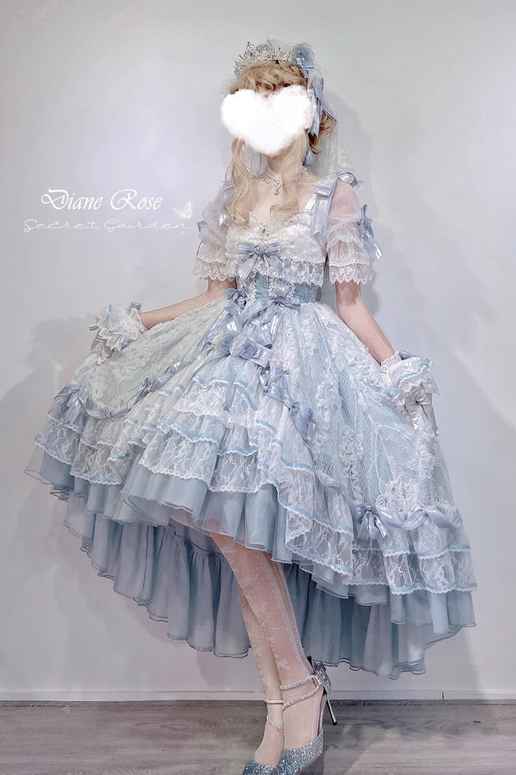 Blue [Diane Rose] Short Sleeves Multi-Layered Jacquard Ruffle Hanayome Cardigan Bowknot Lace Sweet Lolita Dress - Product - 8