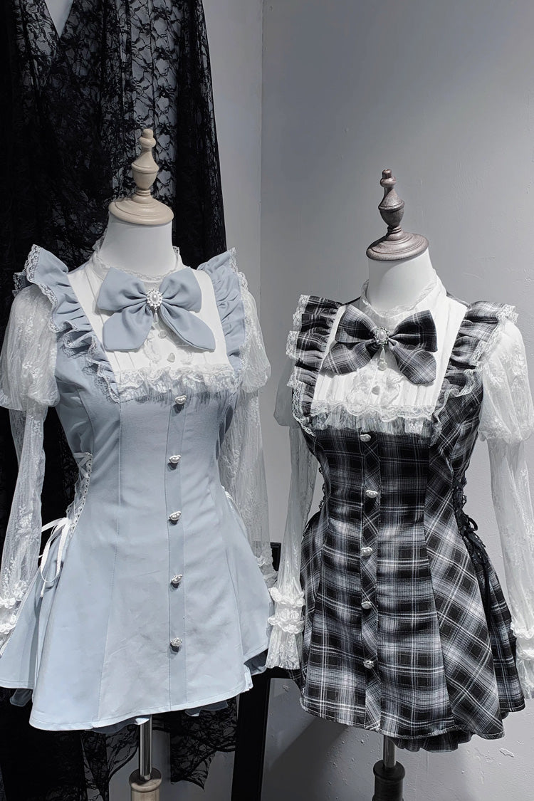 [Feather Ode] Jirai Kei Stand Collar Long Sleeves Ruffled Bow Lace Sweet Japanese Dress Shorts Set 2 Colors - Black/White - 1