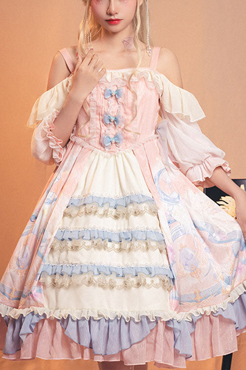 Pink Cloud Dreamland Bowknot Strapless Multi-Layer Ruffled Sweet Lolita OP Dress - Pink - 1
