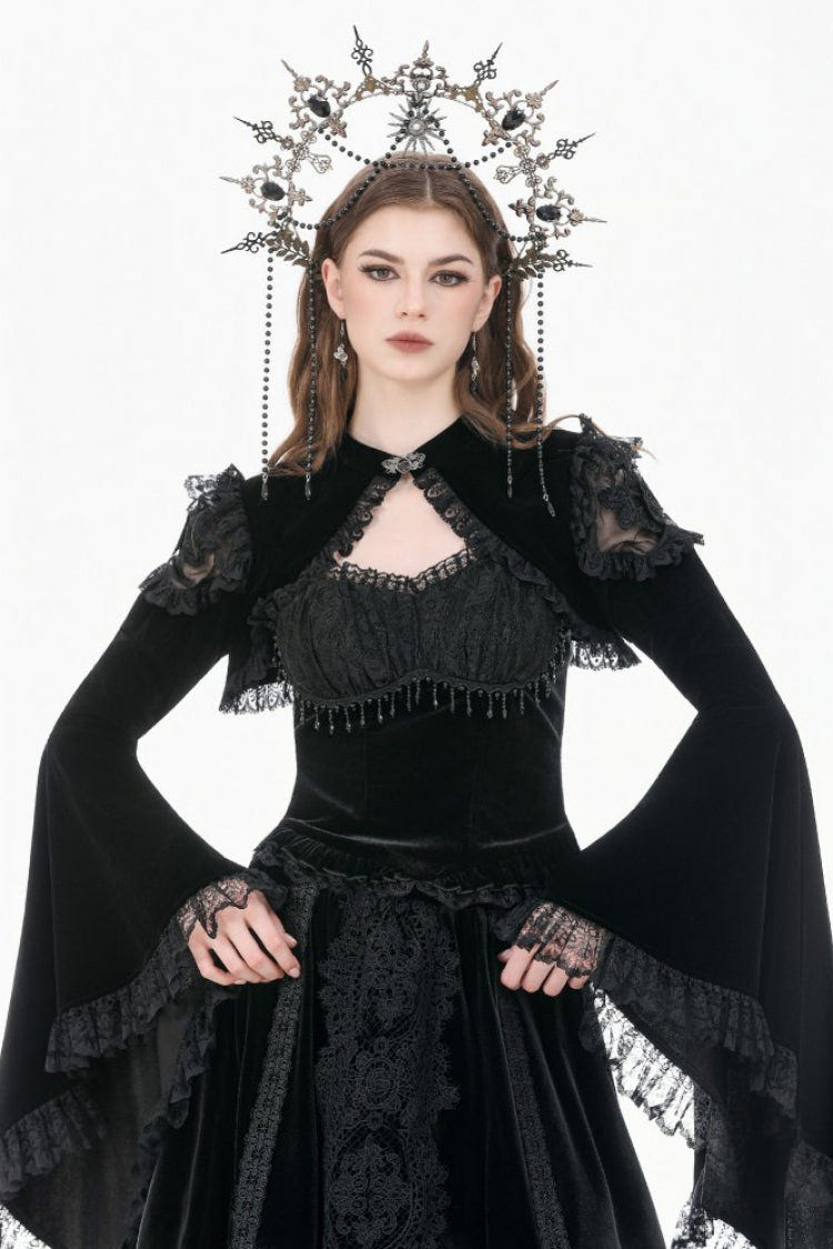 Black Ruffled Lace Long Trumpet Sleeves Floral Sheer Mesh Spliced Velvet Women's Gothic Cape - Black - 1