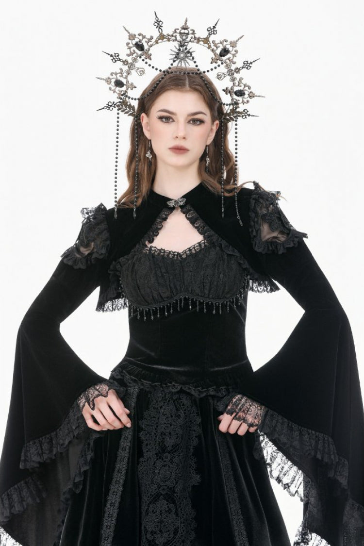 Black Ruffled Lace Long Trumpet Sleeves Floral Sheer Mesh Spliced Velvet Women's Gothic Cape - Black - 1