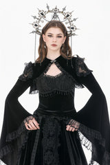 Black Ruffled Lace Long Trumpet Sleeves Floral Sheer Mesh Spliced Velvet Women's Gothic Cape - Black - 1