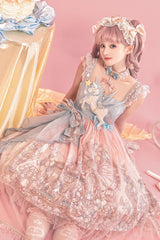 Pink [Cloud Paradise] Print Ruffle Embroidery Bowknot Lace Sweet Lolita Jsk Dress - Product - 5