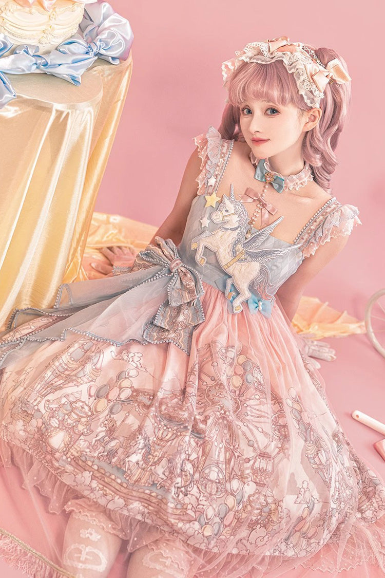 Pink [Cloud Paradise] Print Ruffle Embroidery Bowknot Lace Sweet Lolita Jsk Dress - Product - 5