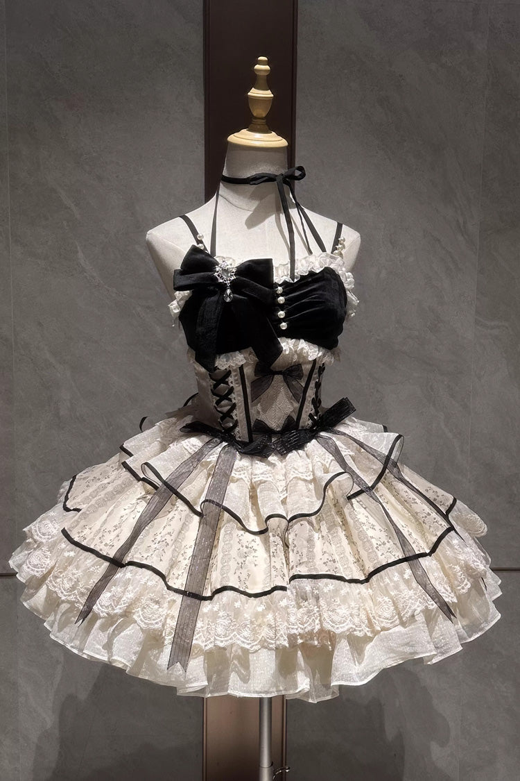 Black/Apricot [Holiday Ball] Sleeveless Multi-Layered Printed Ruffled Bow Lace Ballet Sweet Lolita Jsk Dress - Black/Apricot - 1