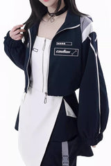 Blue/White [Message Overload] Techwear Long Sleeves Embroidered Asymmetric Zippered Jirai Kei Dress Short Coat Set - Product - 6