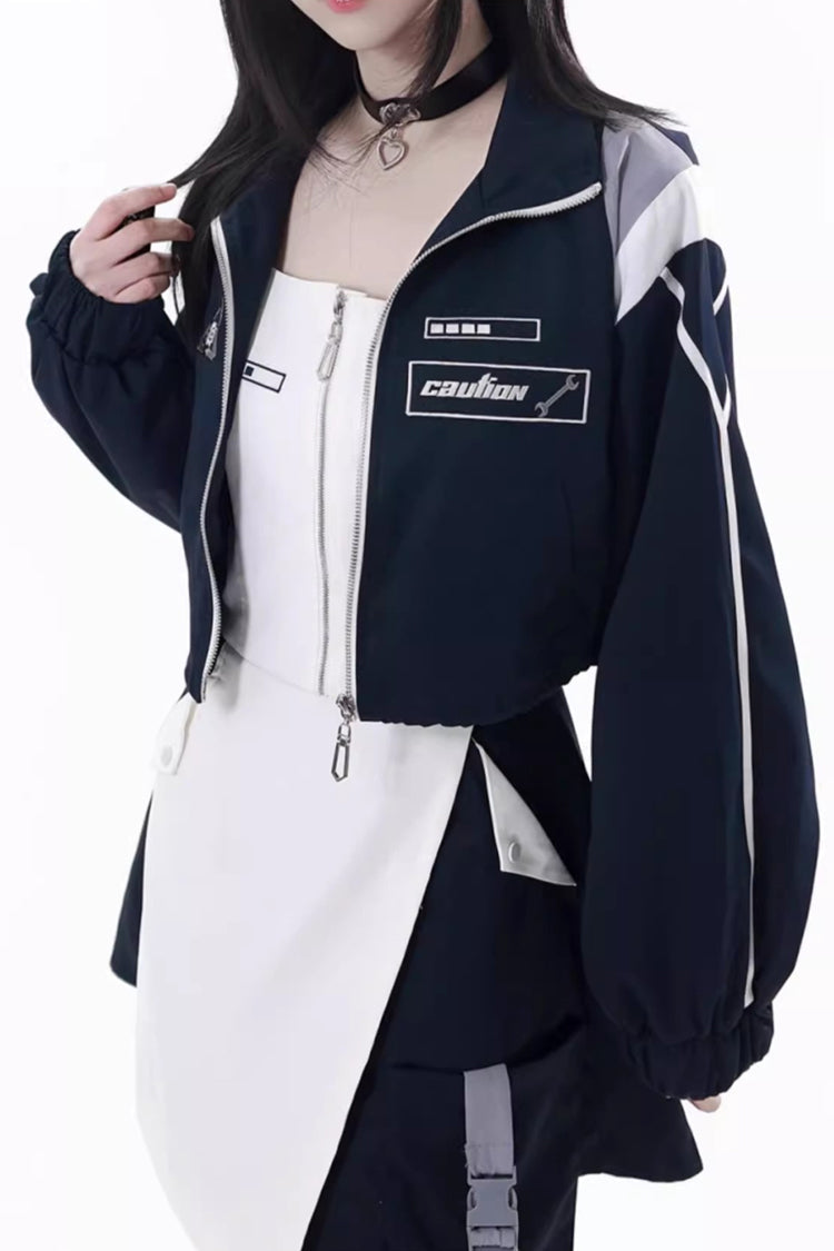 Blue/White [Message Overload] Techwear Long Sleeves Embroidered Asymmetric Zippered Jirai Kei Dress Short Coat Set - Product - 6