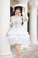 Light Blue [Rose Of The Night Sea And Starry Sky] Off Shoulder Multi-Layered Ruffle Embroidery Sweet Lolita Dress - Product - 6