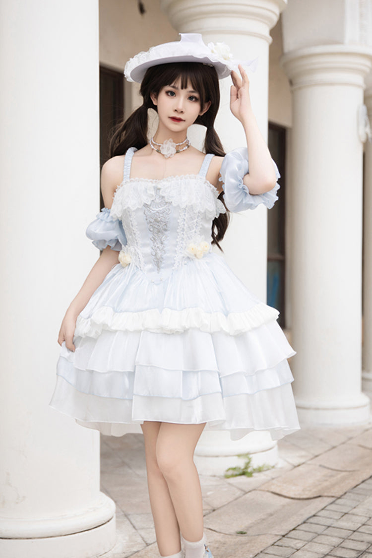 Light Blue [Rose Of The Night Sea And Starry Sky] Off Shoulder Multi-Layered Ruffle Embroidery Sweet Lolita Dress - Product - 6