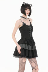 Black/White Contrast Stripes Lace-Up Multi-Layered Ruffled Hem Women's Gothic Slip Dress - Product - 2