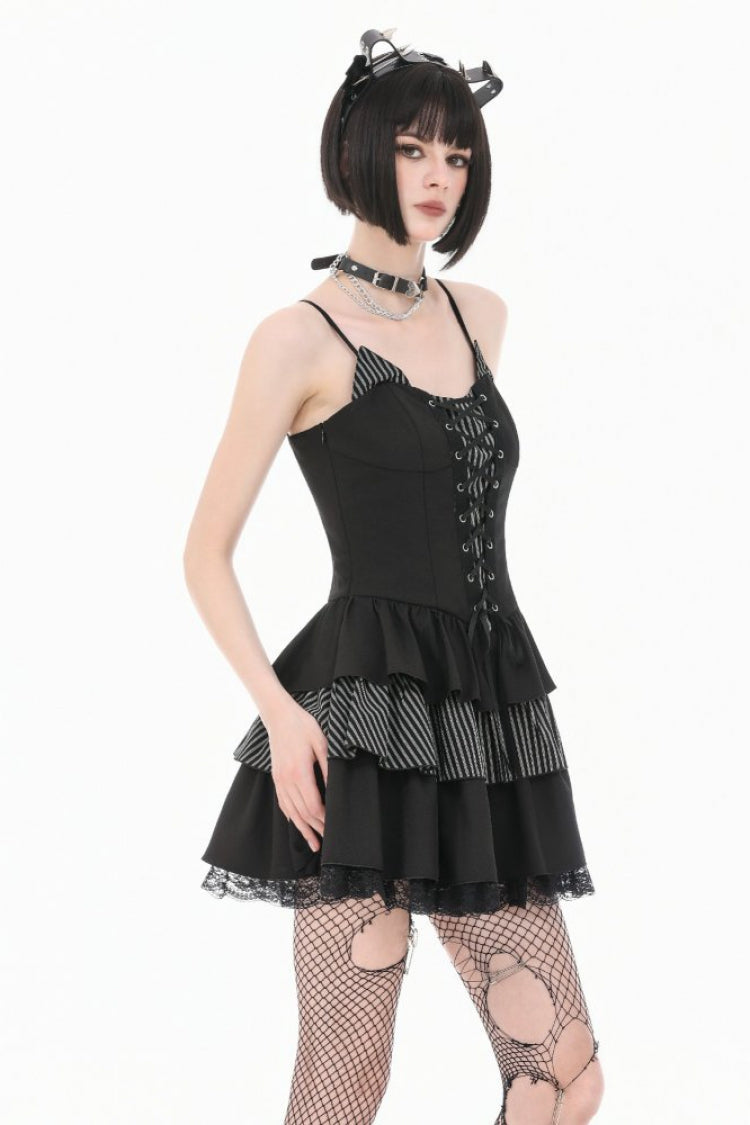 Black/White Contrast Stripes Lace-Up Multi-Layered Ruffled Hem Women's Gothic Slip Dress - Product - 2